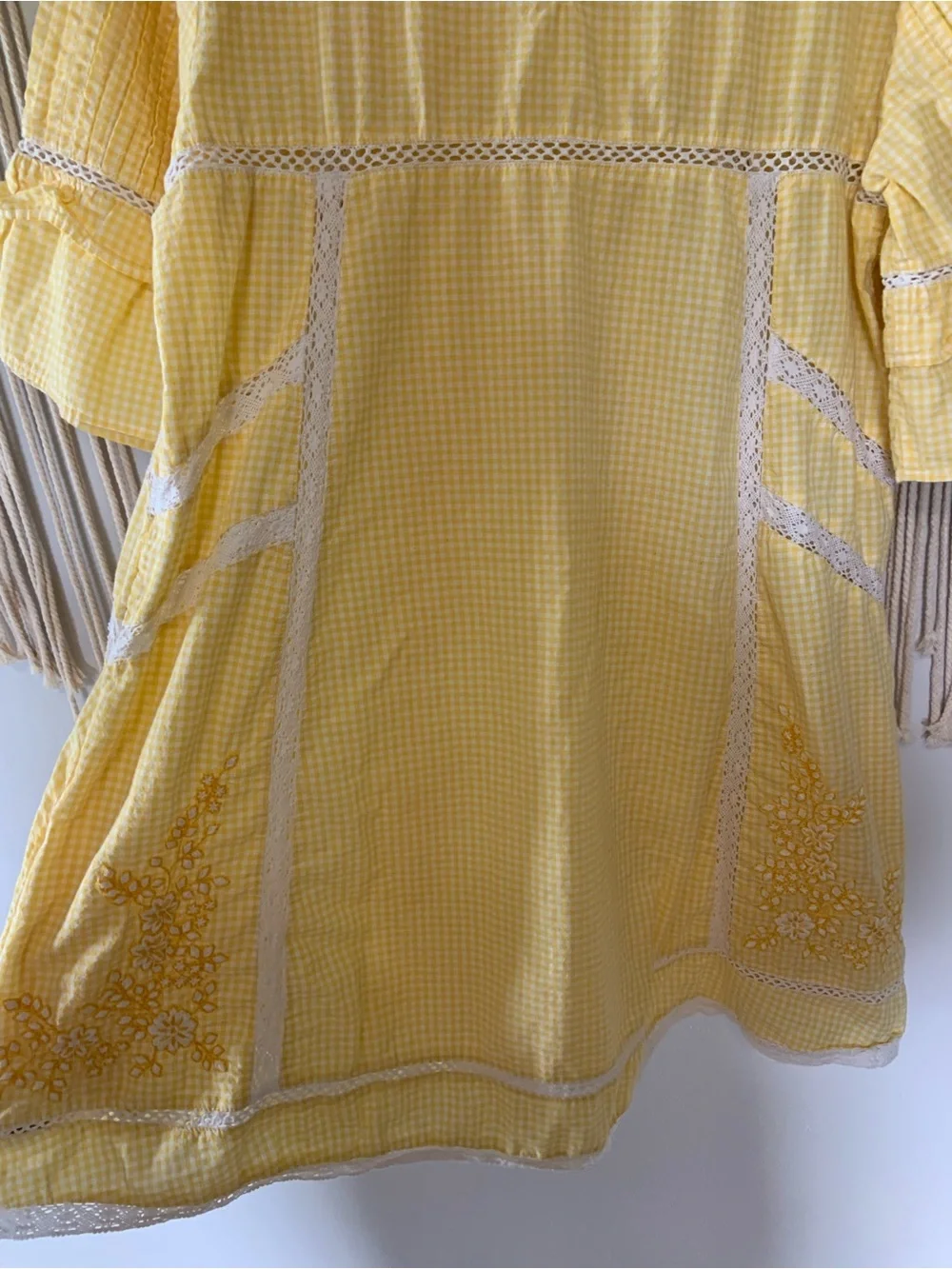 FREE PEOPLE Sunny Day Yellow Gingham Cotton Lace Dress Medium - Picture 6 of 10